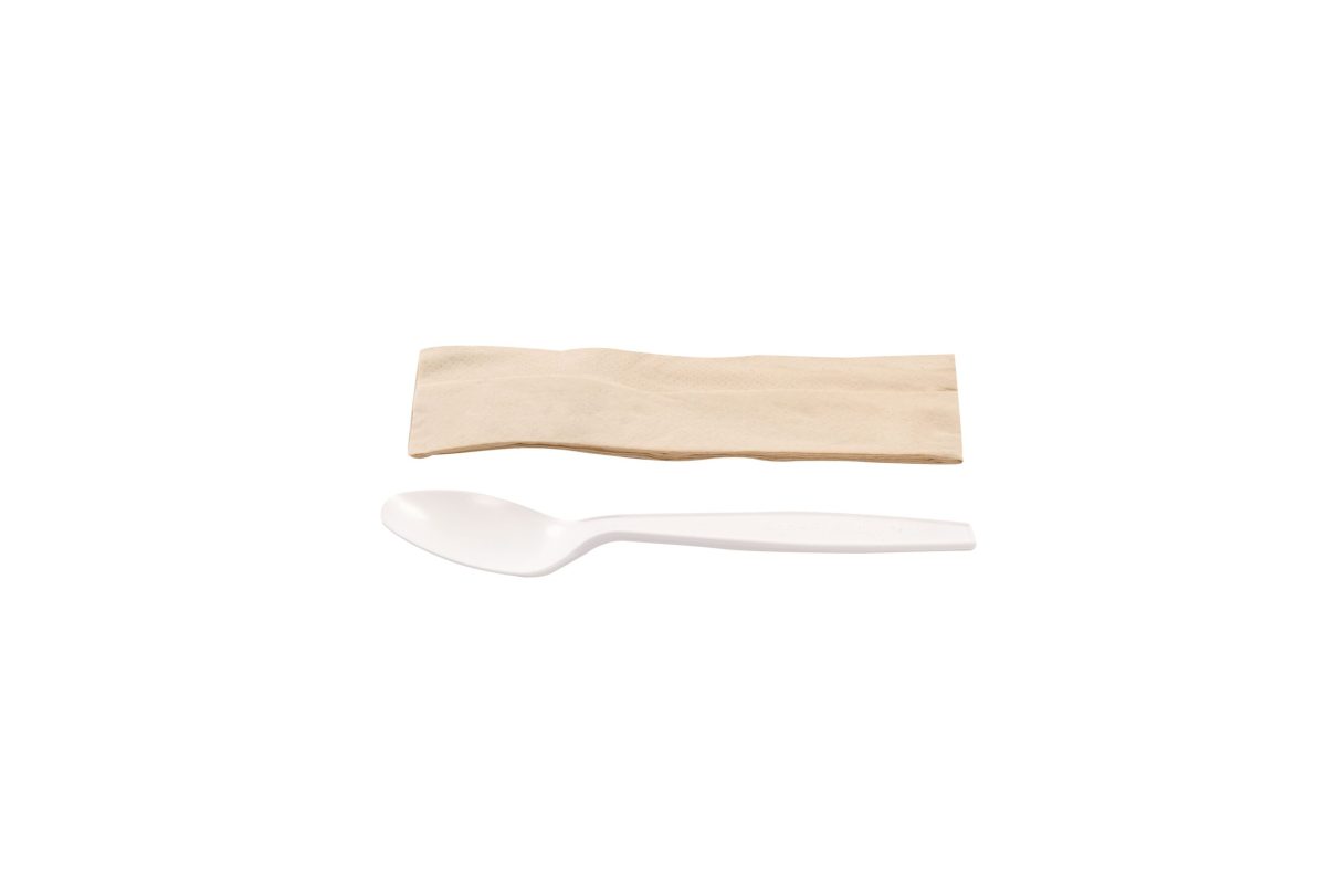Kit couverts blanc 2 en 1 en maïs : cuillère + serviette kraft – 500 unités – Betik