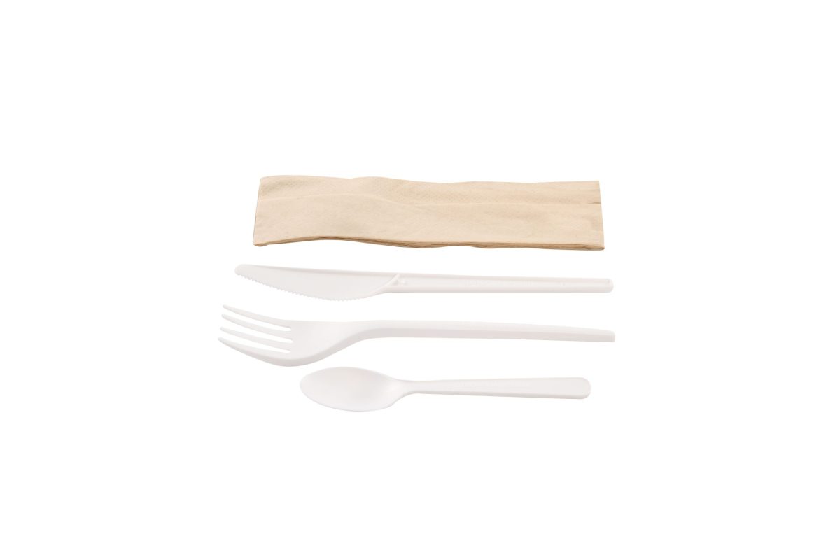 Kit couverts blanc 4 en 1 CPLA : couteau + fourchette + petite cuillère + serviette kraft – 500 unités – Betik