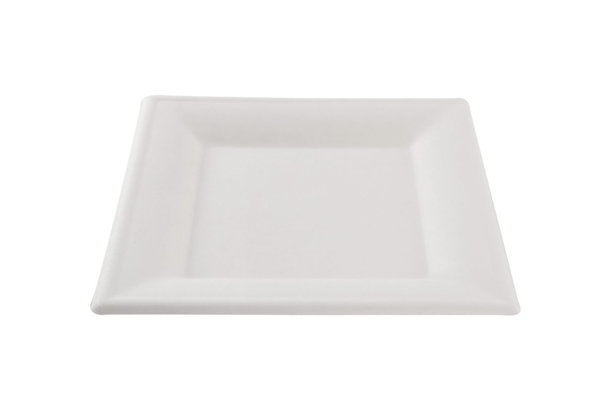 Assiette carrée blanche en canne à sucre 24 x 24 cm – 800 unités – Betik
