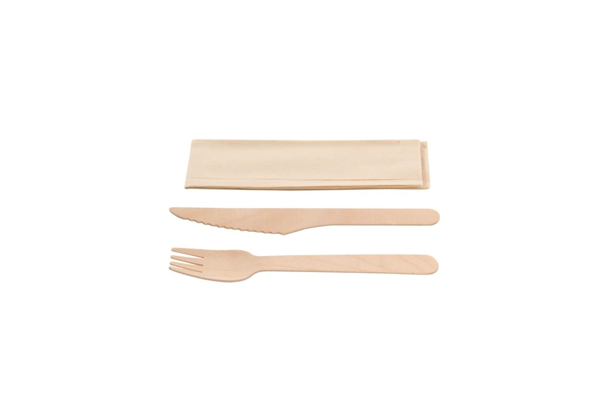 Kit couverts 3 en 1 en bois : couteau + fourchette + serviette kraft – 500 unités – Betik