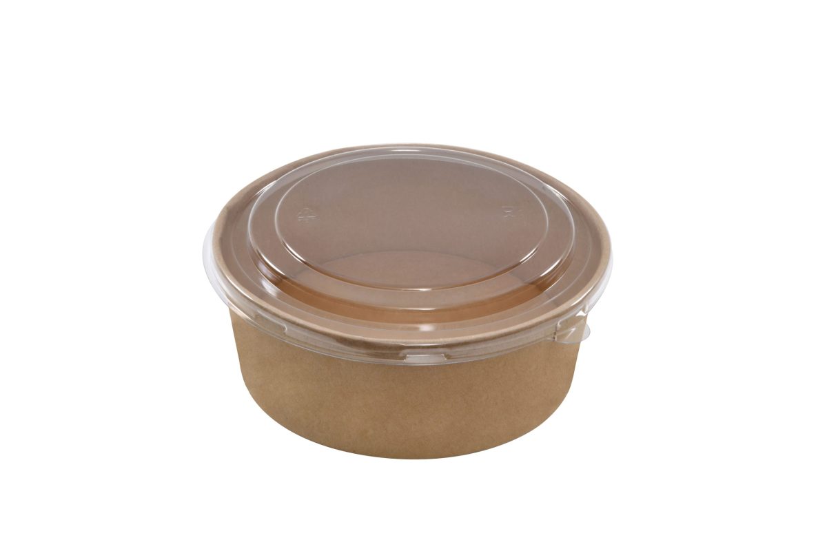Saladier rond en carton kraft + couvercle anti-buée en PET 1300 ml – 250 unités – Betik