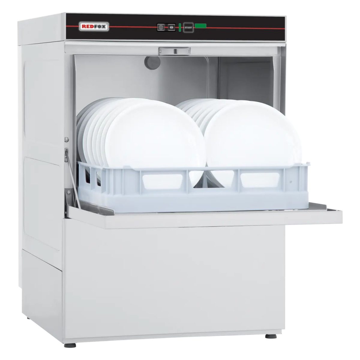 Lave-Vaisselle Frontal Revêtement Simple avec Pompe de Vidange 50 x 50 – 400 V QQI 52 TP – Redfox