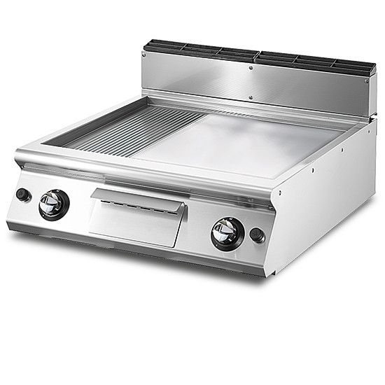Fry-top gaz, top, 1/3 rainurée et 2/3 plaque lisse chromée- Virtus – V7080FTRGVCRT
