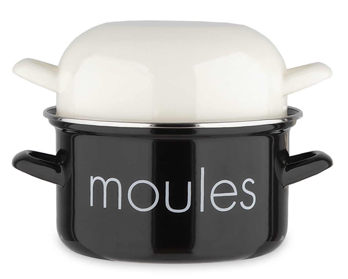 MARMITE A MOULES – NOIRE – AVEC MARQUAGE – COUVERCLE BLANC – ACIER EMAILLE – BAUMALU