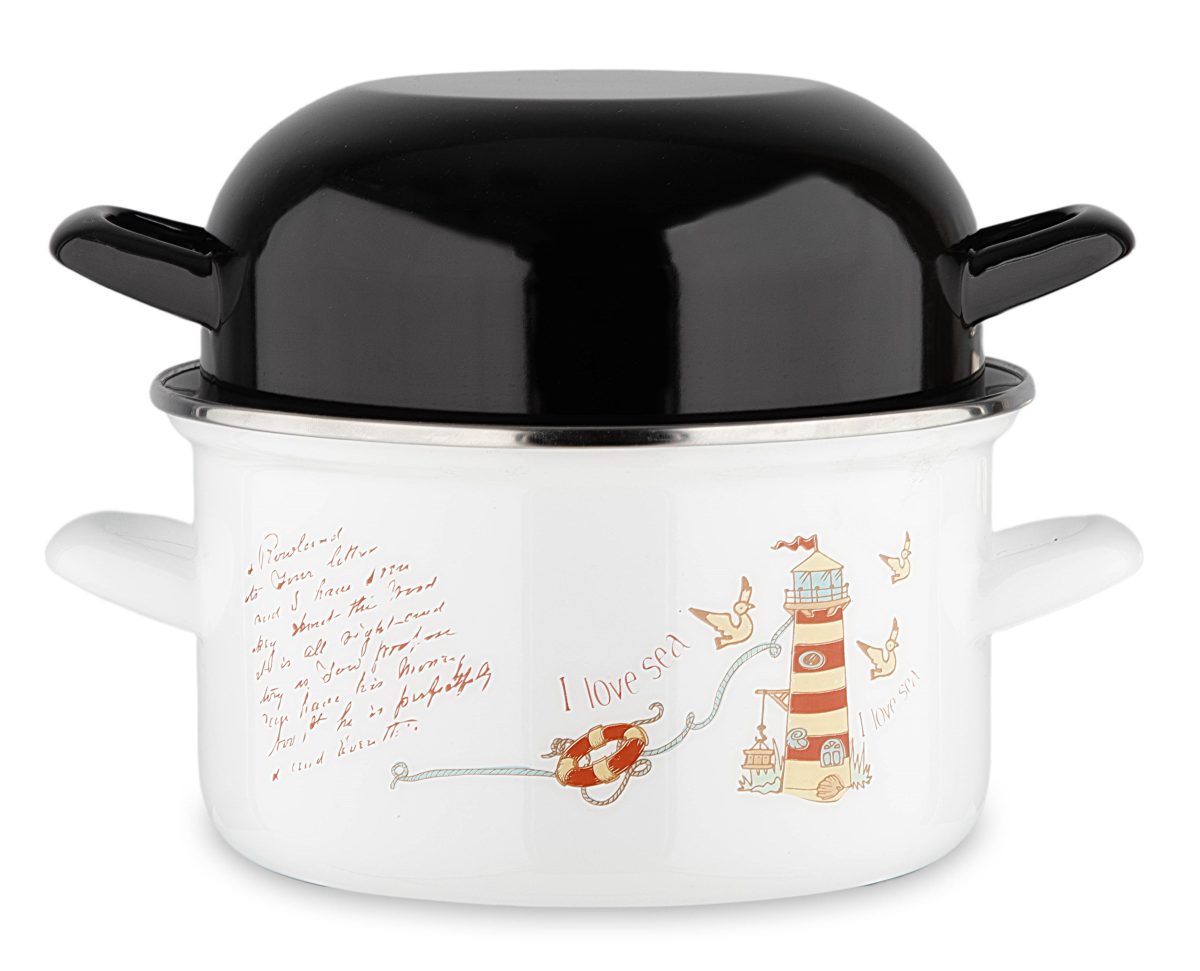 MARMITE A MOULES – BLANCHE AVEC DECOR PHARE – ACIER EMAILLE – BAUMALU