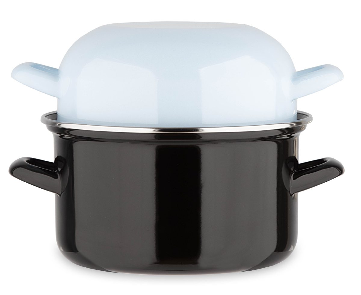 MARMITE A MOULES – NOIRE – AVEC COUVERCLE BLEU – ACIER EMAILLE – BAUMALU