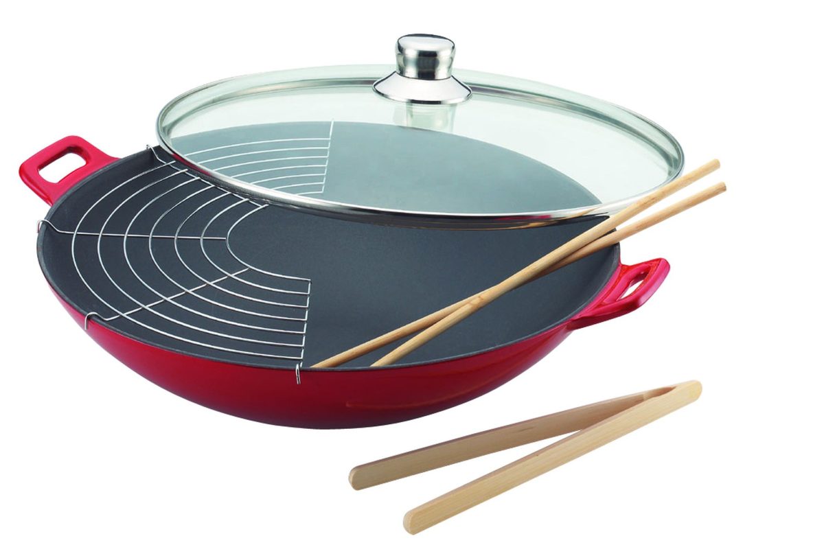WOK EN FONTE – ROUGE – COUVERCLE VERRE – Ø36CM – BAUMALU