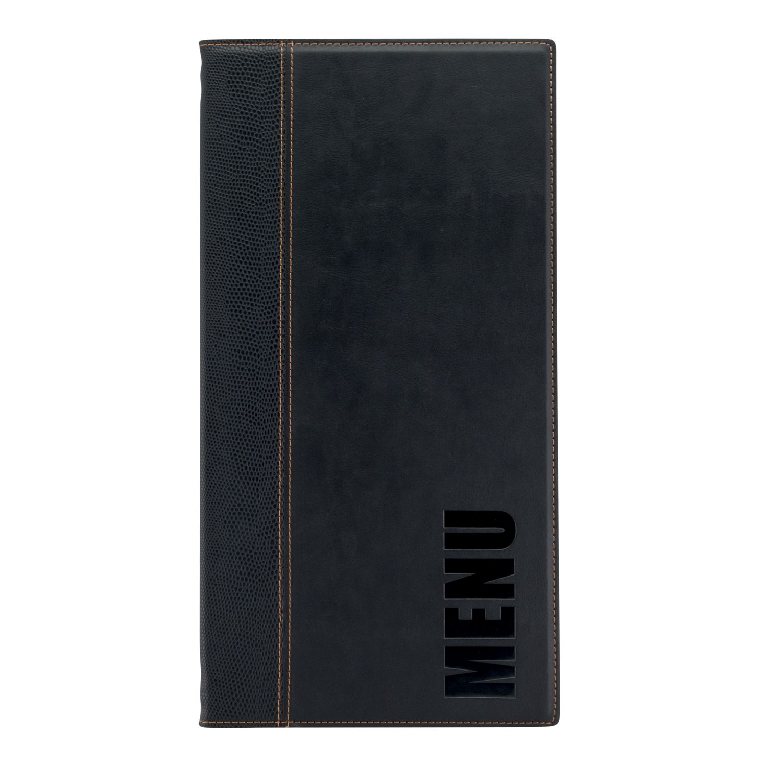 8996e90c4f7ff151e4b88f51726e0b00dc8348e080450ef4b18c707a05612822_494a_5 Carte Menu long simili cuir de la gamme Tendance, 1 double inserts inclus (présente 4 pages) - Securit – Image 1