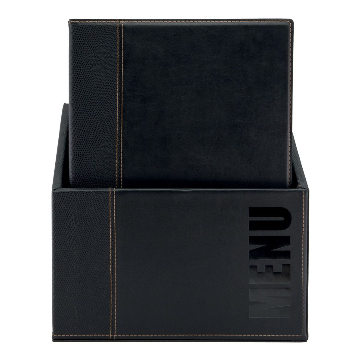 Carte Menu simili cuir de la gamme Tendance – A4 (x20) plus BOX, 1 double insert inclus avec chaque menu (présente 4 pages A4) – Securit