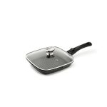 Poêle Grill PREMIUM 24 x 24 CM Fonte d'Aluminium Manche Amovible avec Couvercle en Verre - Pradel