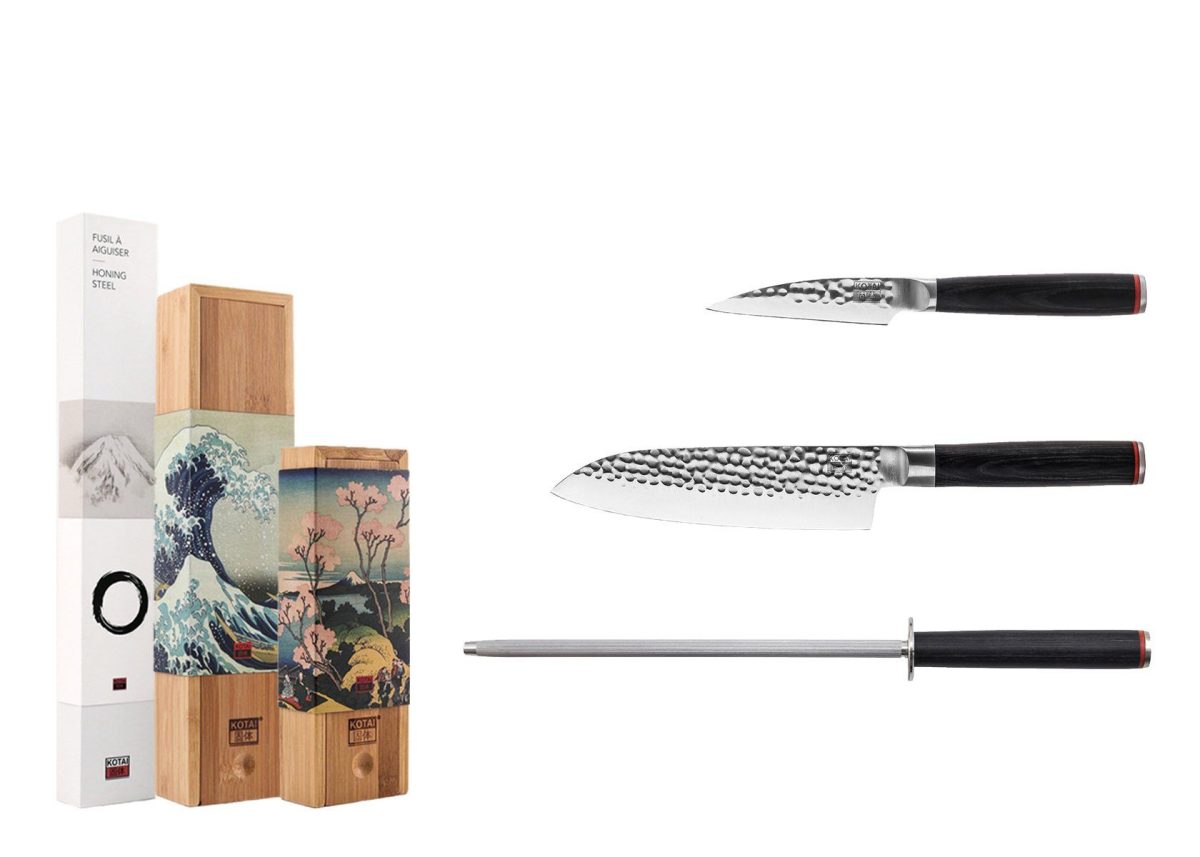 Le Set de Base Plus : 2 Couteaux dont Couteau d’Office, Santoku et un Fusil à Aiguiser – Kotai