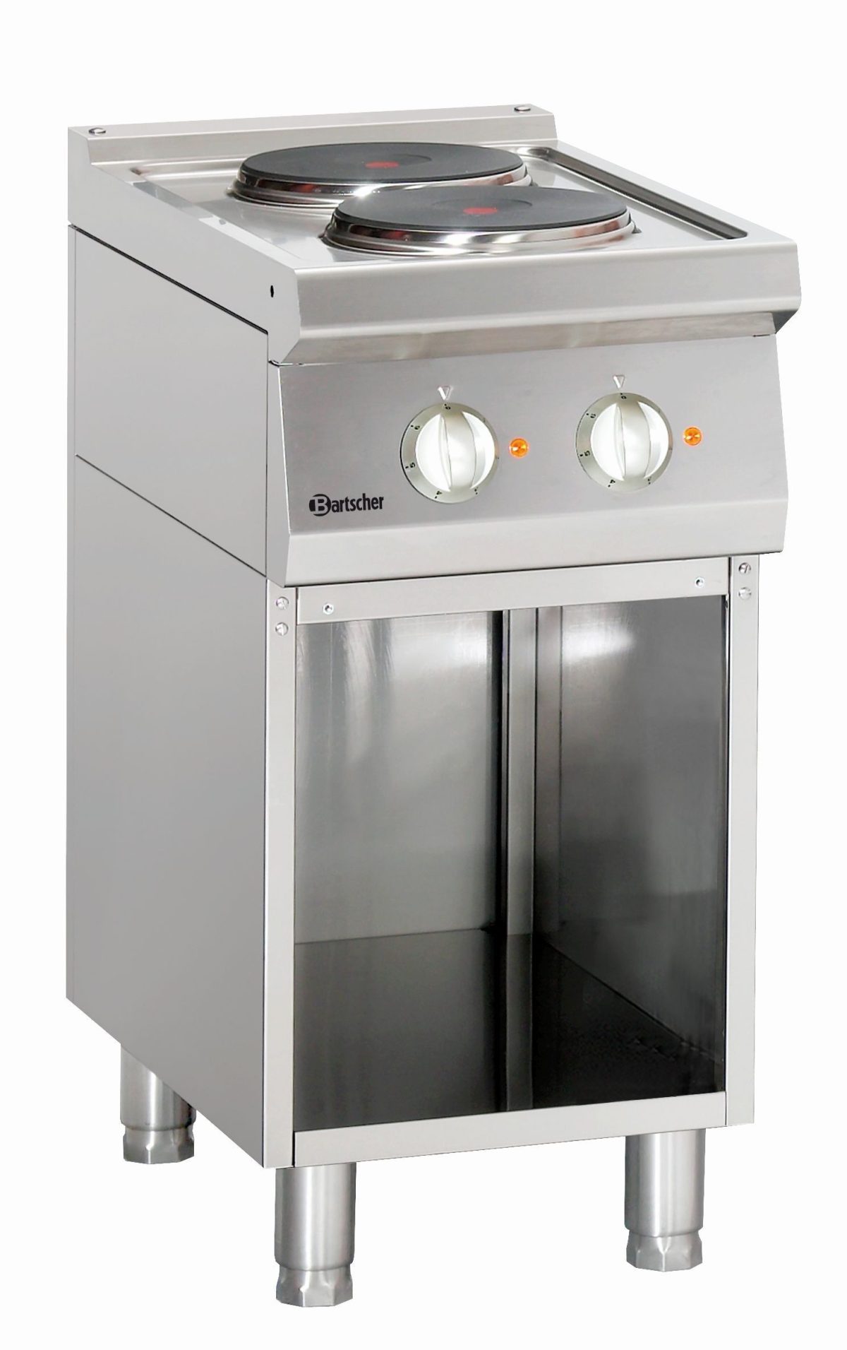 Piano de Cuisson électrique 2 plaques 5.2 kw – LxPxH 400x700x900 – soubassement ouvert – Bartscher