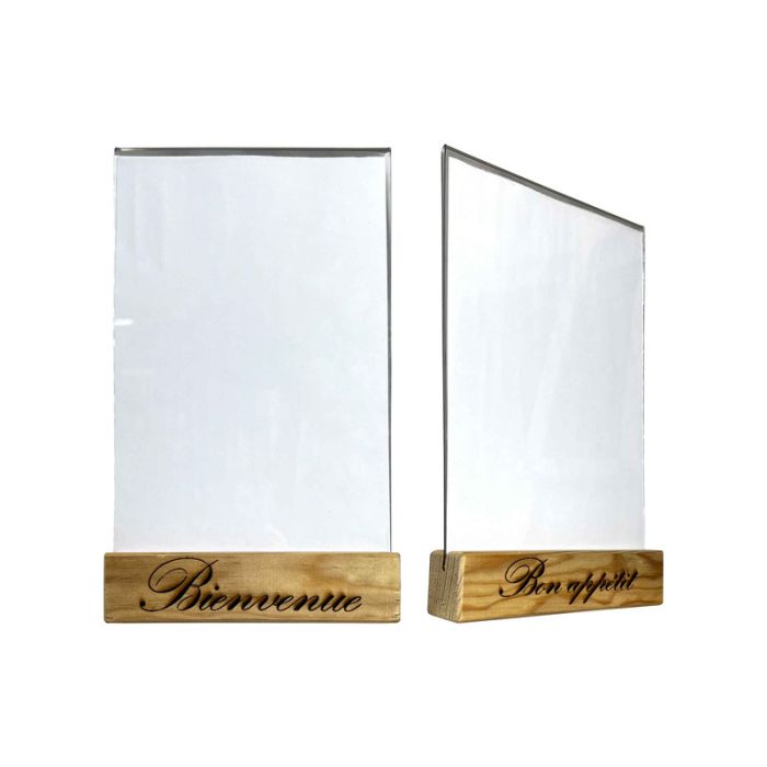 lstf58-brut-plexi-02-01_mimjqxfhnlchwx40 Porte menu Bois Bienvenue - Bon appétit 15x3,6x3,6 cm avec plexi A5 - Lot de 2 - Interface PLV – Image 1