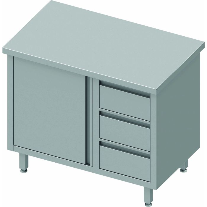 Meuble Bas Inox Sans Dosseret – Porte Battante & 3 Tiroirs – Gamme 800 – Stalgast