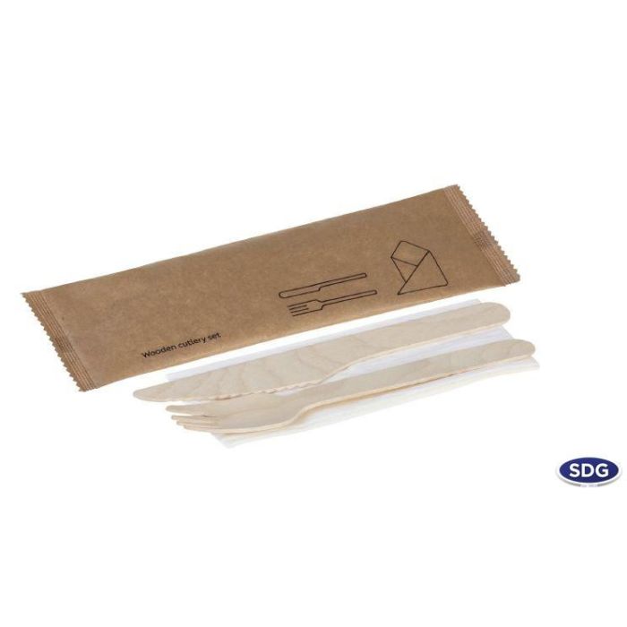 Set de Couvert Fourchette et Couteau en Bois Naturel et Serviette – SDG – Lot de 250