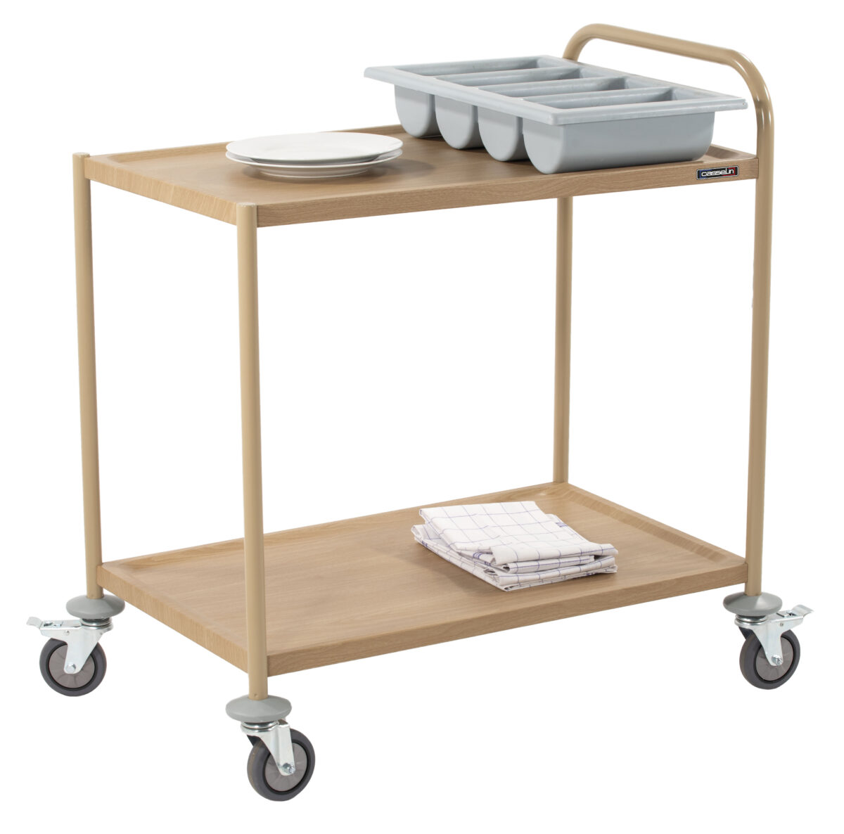 Chariot de service imitation bois 2 plateaux 1 arceau – Casselin