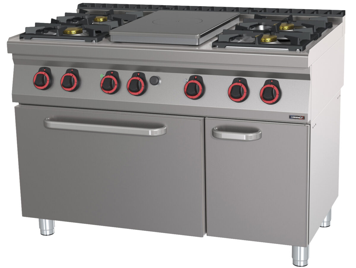 Fourneau gaz 4 feux + 1 plaque coup de feu avec four électrique statique GN 2/1 HP 120 – Casselin
