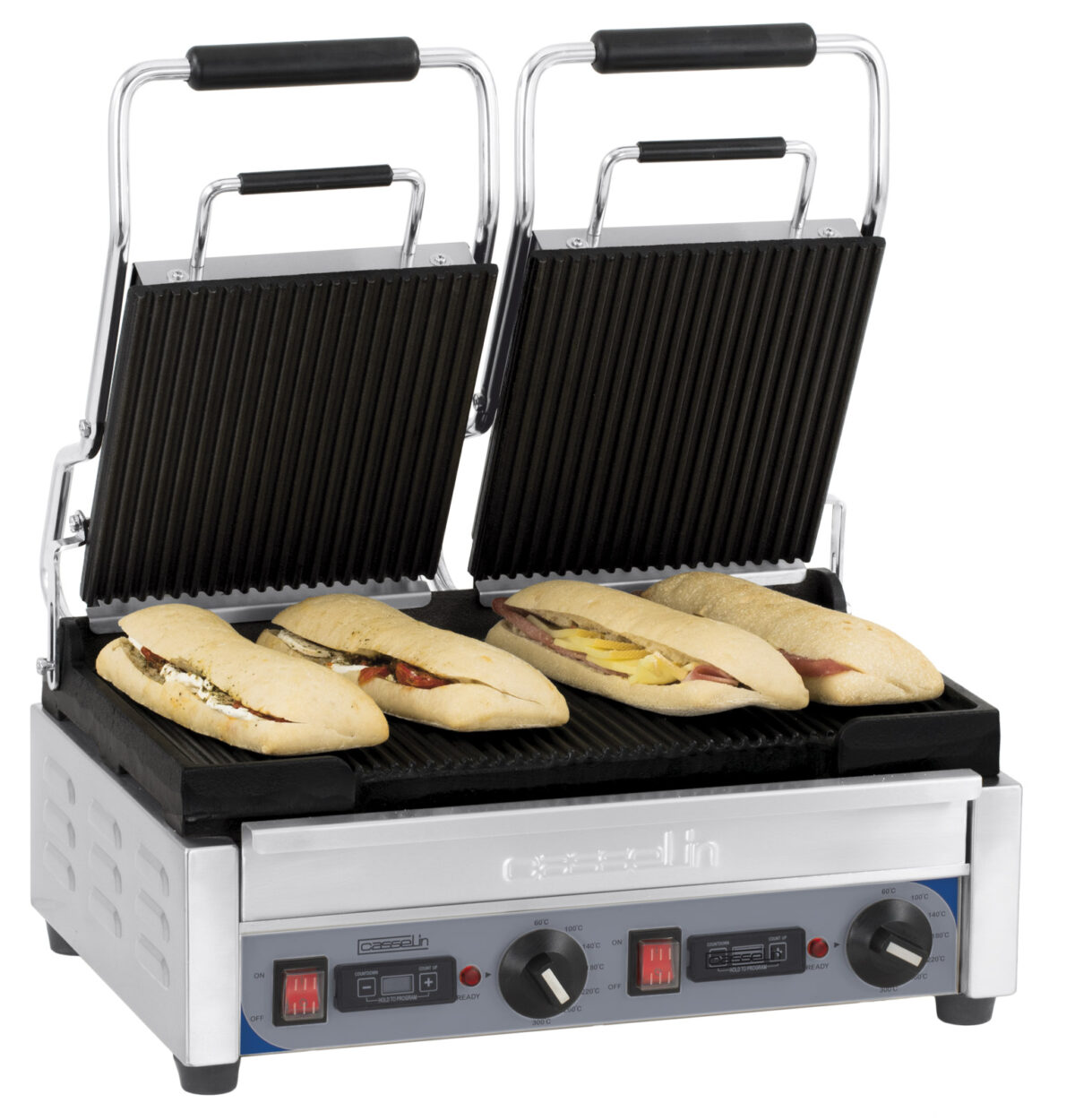 Grill Panini double Premium Rainurée – Rainurée avec minuteur – Casselin